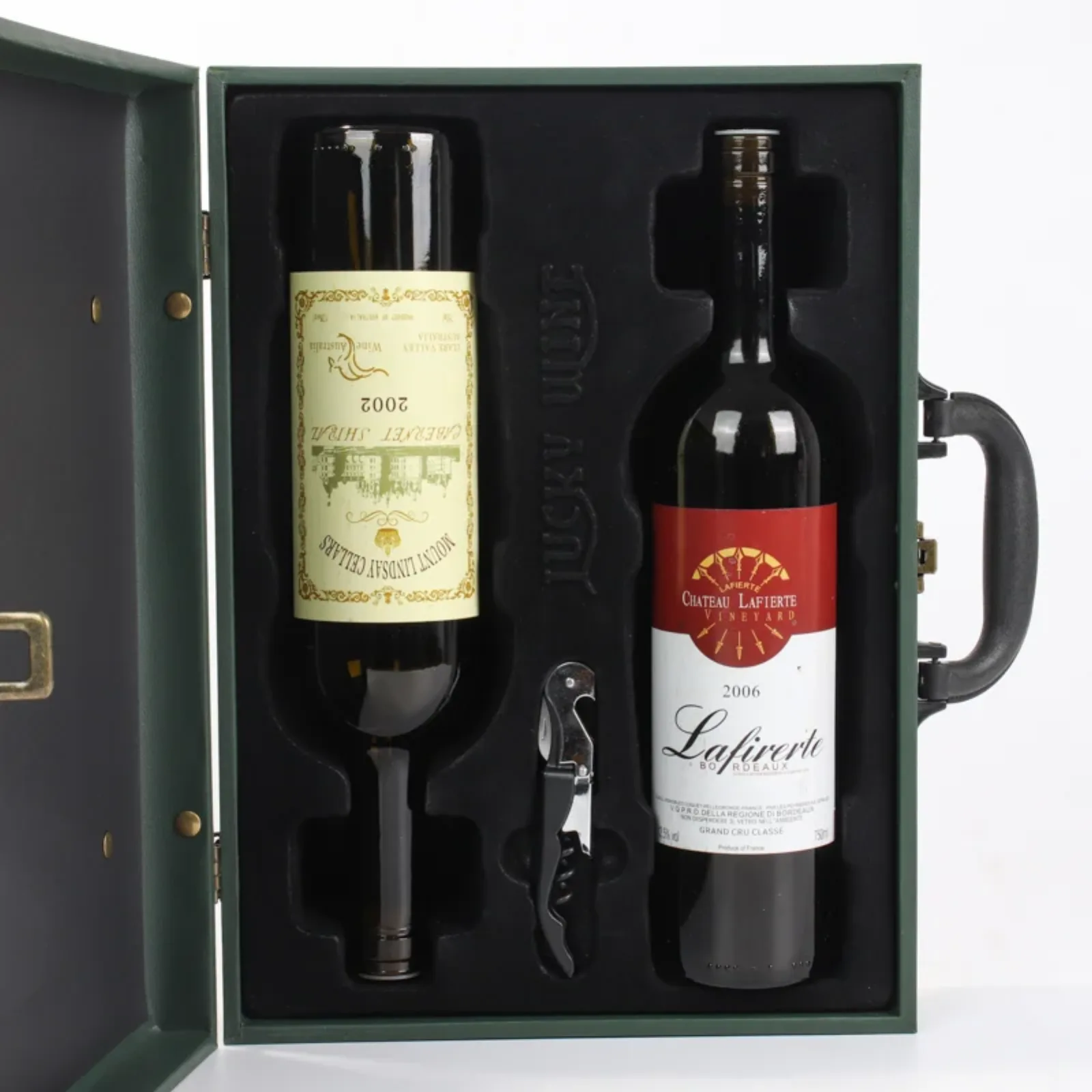 Vintage Leather Handled Double Bottle Flip-Top Wine Gift Box 3