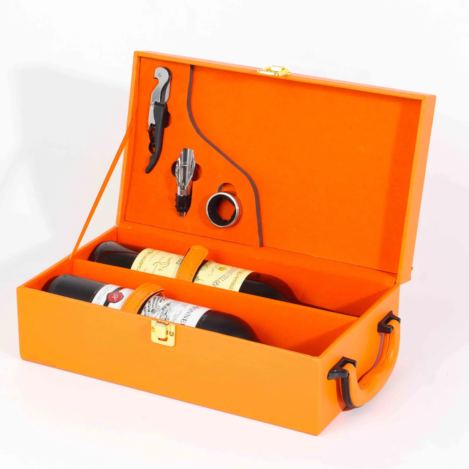 Orange Leather Double Wine Gift Box with Tools 2